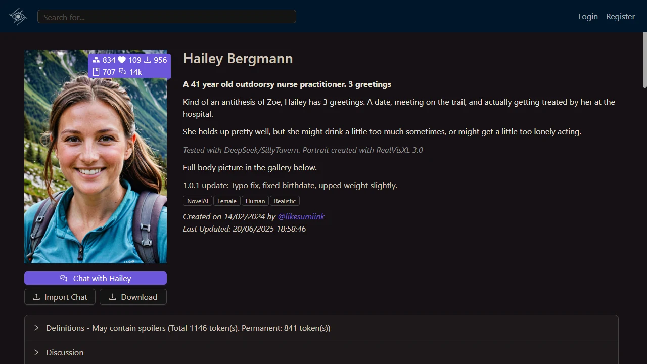 Public Chub AI profile page for adult character Hailey Bergmann
